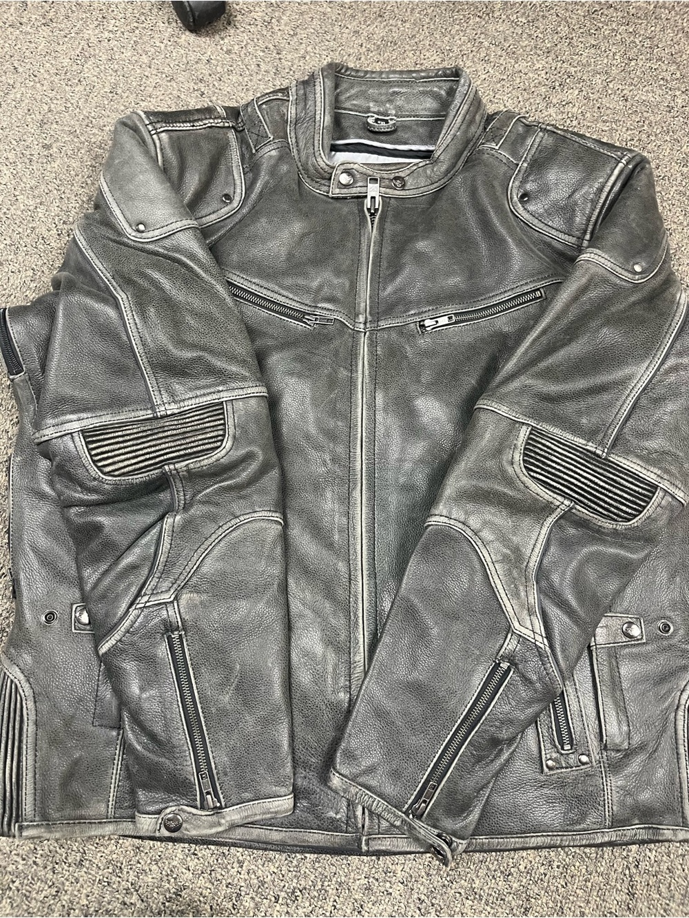 Men's Distressed Gray Leather Moto Bomber Jacket